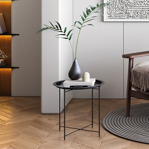 End Table Set of 2,Outdoor Side Table, Small Patio Round Folding Metal Black Side Tables for Outdoor,Living Room,Balcony and Office,Φ18.5" x 19.9"H，2 PCS - color: Black