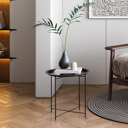 End Table Set of 2,Outdoor Side Table, Small Patio Round Folding Metal Black Side Tables for Outdoor,Living Room,Balcony and Office,Φ18.5" x 19.9"H，2 PCS - color: Black