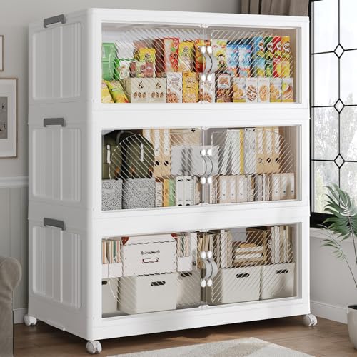 360QT Extra Large Stackable Storage Bins with Lid & Wheels & Doors, 90Gal Foldable Collapsible Closet Organizers, Plastic Cabinet Box Container Drawer for Home Kitchen Bedroom, 3Pack White - style: 3Pack