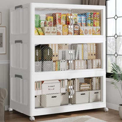 360QT Extra Large Stackable Storage Bins with Lid & Wheels & Doors, 90Gal Foldable Collapsible Closet Organizers, Plastic Cabinet Box Container Drawer for Home Kitchen Bedroom, 3Pack White - style: 3Pack