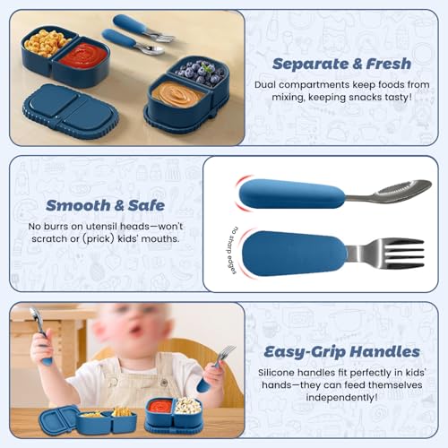 Silicone Snack Containers for Kids (8.5Oz, 2-Compartment)+ Kids Silicone Cutlery Set (Spoon and Fork) - BPA Free, Leak Proof, Great for Toddler/Kid/Adult Meal Prep Containers (blue) - color: Blue
