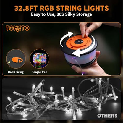 TOHETO Camping String Lights, 3 in 1 Upgraded Retractable RGB Outdoor String Lights with 19 Lighting Modes,Quick 30s Recovery, 32.8 FT Portable Tent Lights, Rechargeable Camping Lantern (Black&Orange) - style: Black&Orange
