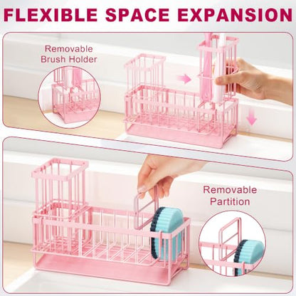 Sponge Holder for Kitchen Sink, Kitchen Sink Caddy, Kitchen Sink Sponge Holder, Dish Sponge Holder, Kitchen Sink Organizer for Sponge, Dish Brush, Scrubber(9.65" x 3.74" x 6.3", Pink) - color: Pink