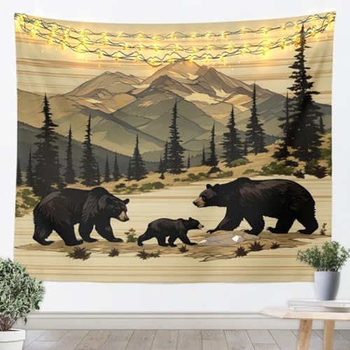 jejeloiu Black Bear Tapestry Bear Mountain Tree Wall Art Rustic Cabin Country Wall Hanging Blanket for Living Room Bedroom Wild Animal Home Decor XLarge 70"x92" - color: Black Beige Green, size: X-Large