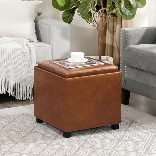 Adeco 17 inch Square Storage Ottoman with Reversible Tray Top, Cognac Brown Faux Leather Footrest Stool & Coffee Table for Living Room, Bedroom - color: Cognac Brown Leather – Upgraded Version