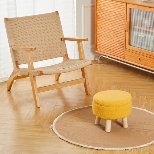 Wimarsbon Storage Ottoman, Modern Round Footrest with Soft Padded Seat, Teddy Velvet Footstool with Wood Legs, Accent Small Table or Plant Stand for Hallway, Living Room (Brilliant Yellow) - color: Brilliant Yellow