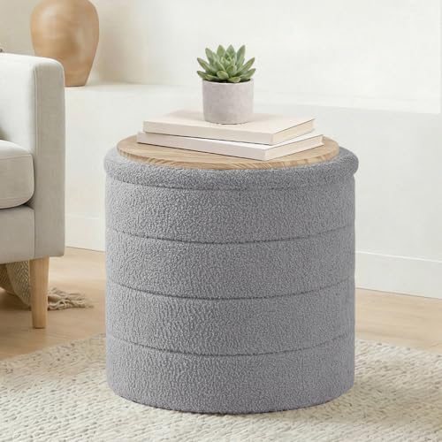 17" Round Storage Ottoman,Boucle Sherpa Ottoman with Tray, Faux Teddy Foot Rest Coffee Table for Bedroom Dorm Living Room,Grey - color: Grey, size: 16.9"D x 16.9"W x 17.7"H