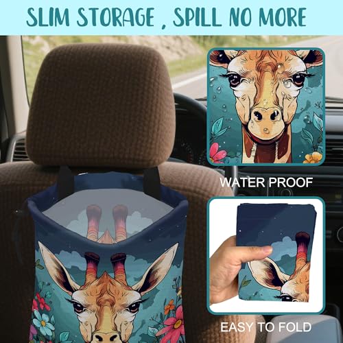 Car Garbage Bag Giraffe and Colorful Flowers Drawstring Car Trash Bag Hanging for Back Seat with Adjustable Buckle Canvas Vehicle Trash Can Easy-to-Install - color: Giraffe and Colorful Flowers