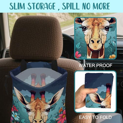 Car Garbage Bag Giraffe and Colorful Flowers Drawstring Car Trash Bag Hanging for Back Seat with Adjustable Buckle Canvas Vehicle Trash Can Easy-to-Install - color: Giraffe and Colorful Flowers