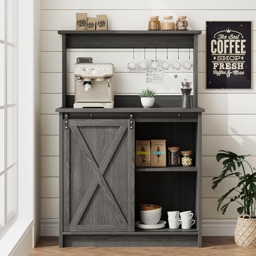 4ever2buy Farmhouse Coffee Bar with Hutch, 31 Inch Buffet Cabinet with Sliding Barn Door, Storage Bar Cabinet with 6 Hooks, Coffee Bar Table with Adjustable Shelves for Living Dining Room, Grey - color: Grey, size: 31.5Inch