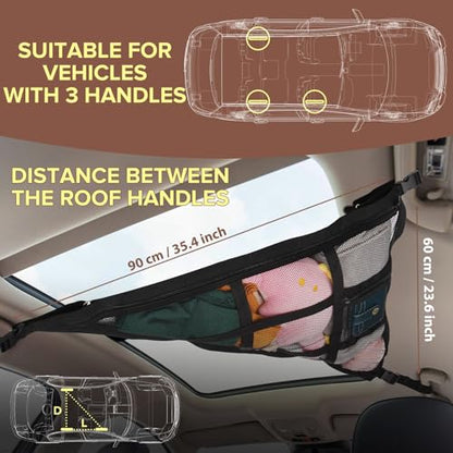 3 Handle Car Ceiling Cargo Net for SUV Roof Storage | Large 35.4" x 23.6" Perfect for road trips, camping, family travel and car organization,No tools required - size: 35.4"x23.6"