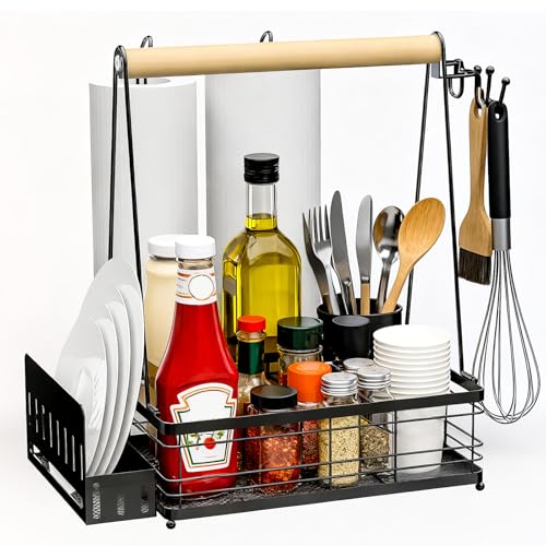 Grill Caddy with Plate Holder and 2Paper Towel Holder, Picnic BBQ Condiment Utensil Organizer Caddy for Outdoor Cooking, RV, Camping Essential, Camper Must Haves, Grilling Gifts
