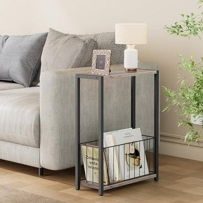 Homleke Narrow Side Tables Set of 2 with Magazine Holder, Skinny End Tables Perfect for Small Spaces, Space-Saving Design for Living Room, Bedroom, or Office, 7.1" D x 16.9" W x 23.6" H, Greige - color: Greige - Standard