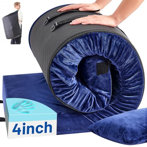 Memory Foam Camping Mattress Pad with Pillow - Extra Thick 4 Inch Sleeping Pad for Camping, Waterproof Roll Up Cot Mattress Topper Bed Mat for Car Truck Tent RV, with Storage Bag - color: Navy Blue, size: Twin: 75*38*4"