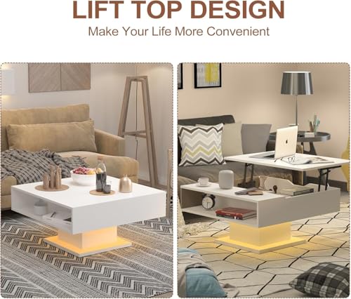 HedoAjim Lift Top Coffee Table with Storage, 31.5" Square Coffee Table with Large Hidden Storage, Wood Living Room Table Center Table for Living Room Dining Reception Room, White - color: White