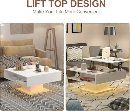 HedoAjim Lift Top Coffee Table with Storage, 31.5" Square Coffee Table with Large Hidden Storage, Wood Living Room Table Center Table for Living Room Dining Reception Room, White - color: White