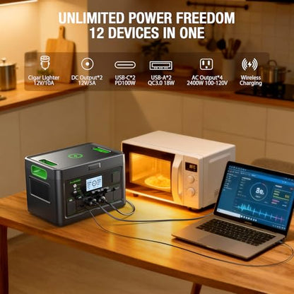 Portable Power Station 2400W (Peak 4800W), 1843.2Wh LiFePO4 Solar Generator, 12 Outlets with 100W USB-C PD Fast Charging, Pure Sine Wave AC for Home Backup, RV Camping, Emergency & Off-Grid Living - color: Sliver