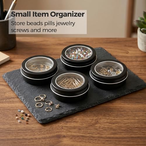 2 oz (60ml) Black Aluminum Tins with Clear Lids and Labels, 24 Pack | Clear View Lid, Secure Packaging, Tight Screw Lids, Includes Blank Labels, 11 Color Options - color: Black