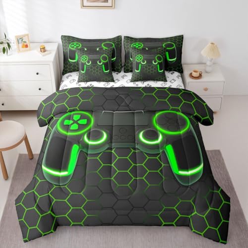 Castle Fairy Cartoon Gamepad Soft Bedding Comforters Queen Geometric Honeycomb 7pcs Bedding Set for Kids Boys Room Decor,3D Gaming Bed in a Bag with Comforter,Sheets,Pillowcases,Black Green - color: Black Green, size: Queen