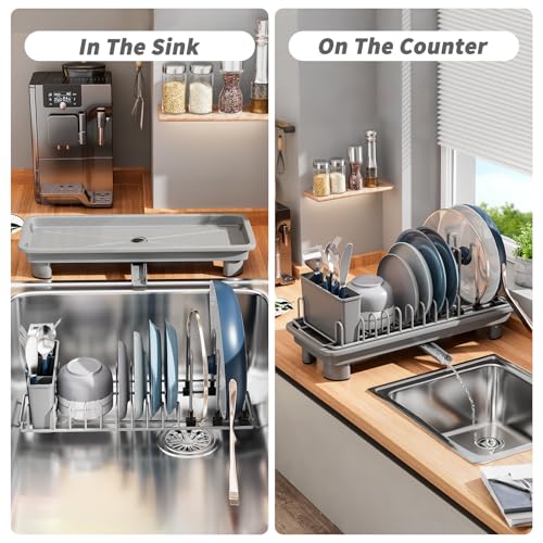 SanDream Small Dish Drying Rack with Removable Utensil Holder & Anti-Scratch Base - Stainless Steel Dish Rack, Dish Drying Rack with Drainage & Space Saving Design for Kitchen Counter, Gray - color: Gray