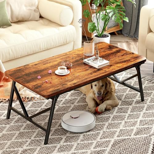 Folding Coffee Table, No Assembly Low Coffee Table, Floor Table Desk for Sitting on The Floor, Portable Floor Table for Living Room, Home, Caravan and use, 39.4L‘ x 19.7W’ x 15.8H’ - color: Rustic Brown, size: 39.4L×19.7W×15.8H