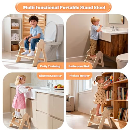 Beech Wooden Toddler Step Stool, 2-Step Foldable Stool for Kids with Non-Slip Surface, Baby Bathroom Stool for Potty Training, Bathroom Sink, Kitchen Counter with Cute Cloud Design - style: Cloud