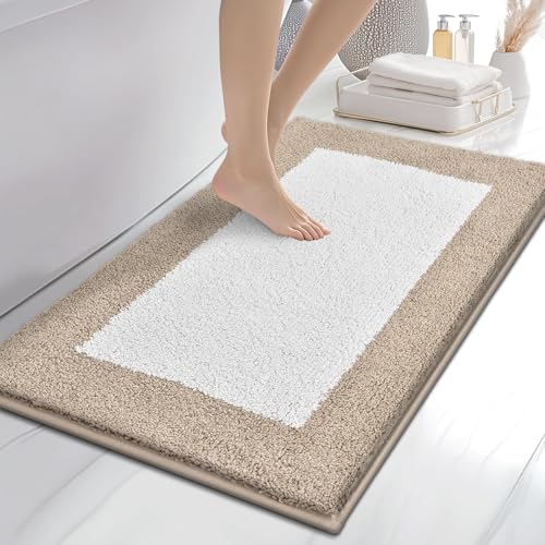 anllugs Bathroom Rugs 24" x 36", Non-Slip Extra Soft Absorbent Bath Rugs, Machine Washable Quick Dry Bath Mats for Bathroom Floor, Shower, Bathtub and Sink, Beige & White - color: Beige & White, size: 24" X 36"