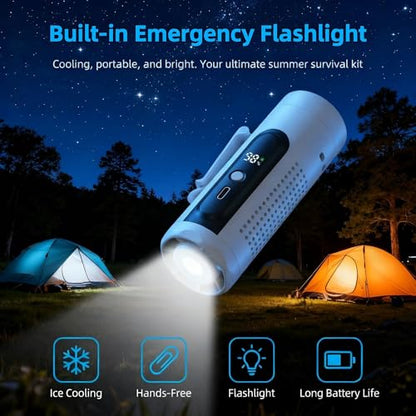 Portable Handheld Fan with Ice Cooling Plate, 3 in 1 Mini Personal Fan with Light & Clip, 5 Speed Rechargeable Fan with LED Display & Hidden Stand, Hands Free Camping Fan for Travel, Desk (White) - color: F9A-W