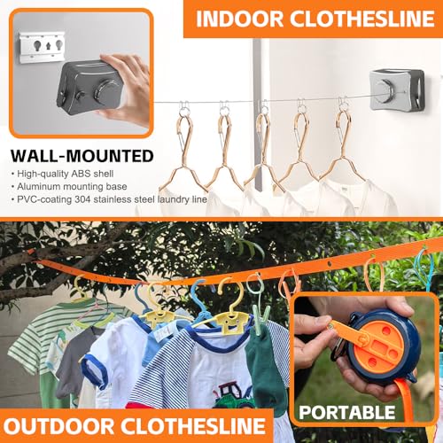Retractable Clothesline Indoor Outdoor Clothes Line Kit, Heavy Duty Clothes Drying Laundry Line 16.7ft Wall Mounted Drying Rack Non-Sagging Air Dry Clothing Travel Clotheslines (White) - color: White