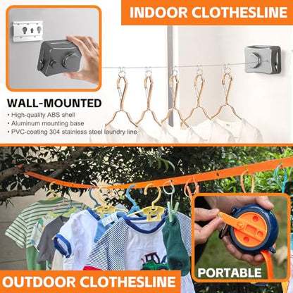 Retractable Clothesline Indoor Outdoor Clothes Line Kit, Heavy Duty Clothes Drying Laundry Line 16.7ft Wall Mounted Drying Rack Non-Sagging Air Dry Clothing Travel Clotheslines (White) - color: White