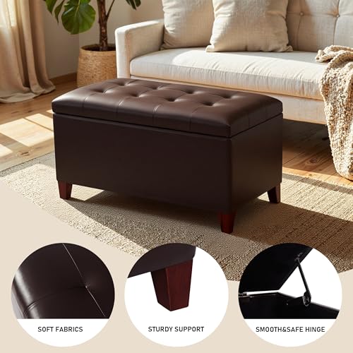 Joveco Storage Ottoman Bench, 33 Inches Faux Leather Rectangle Tufted Foot Stool for End Foot of Bed, Bedroom, Living Room, Brown - color: Brown Faux Leather