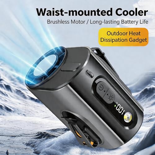 2026 AI Wearable Waist/Neck Hanging Fan,with Ice Cooler & Flashlight,10000mAh Rechargeable Clip On Belt Cooling Fan, 100-Speed 16000RPM Personal Body Fan,25H Work Time for Outdoor, Jobsite,Camping - color: Black