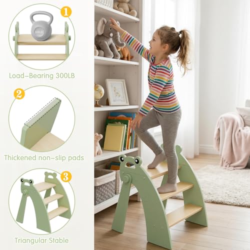 Wooden 3 Step Stool for Kids Bathroom Sink Foldable Anti-Slip, Child Stepping Stool for Bedroom - color: Green Frog
