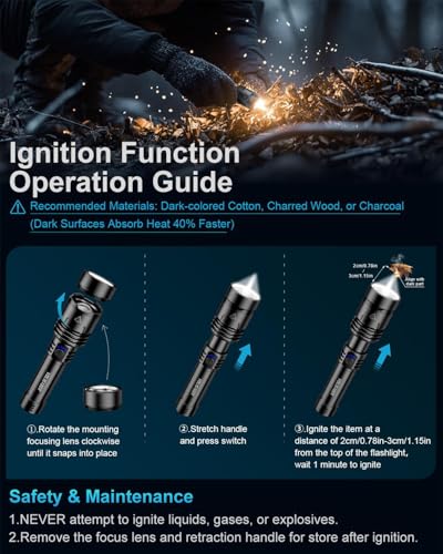 Flashlight 2000 High Lumens, Rechargeable Zoomable LED Tactical Flashlight with Ignition Lens, Emergency Flashlight for Camping Home Security, 5 Modes Waterproof Handheld Flashlights - color: Black