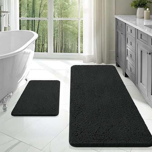 OLANLY Bathroom Rugs Sets 2 Piece, Soft Absorbent Chenille Bath Mats Area Rug Set, Non-Slip, Quick Dry, Machine Washable Bath Mats for Bathroom, Home Decor Accessories (47"x20"+24"x16", Black) - color: Black, size: 47" X 20" + 24" X 16"