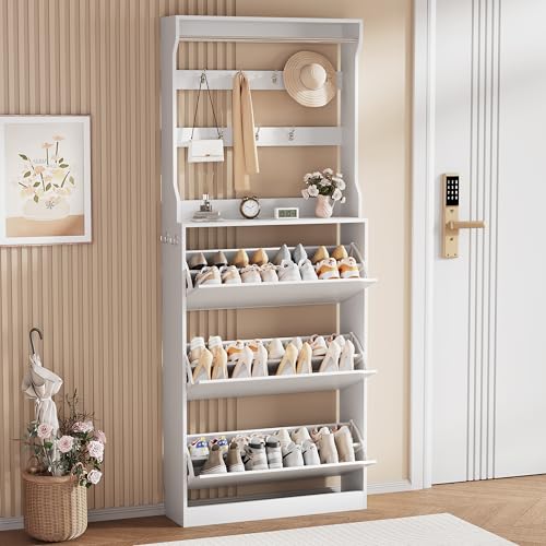 Shoe Storage Cabinet, Wood Shoe Organizer for Entryway with 3 Flip Drawers, Freestanding Shoe Rack with Adjustable Shelf, Narrow Shoe Dresser for Front Door Entrance (White, Tall 3 Drawers) - color: White, size: Tall 3 Drawers