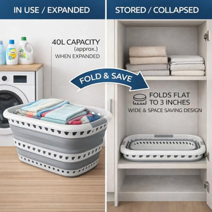 Laundry 360 Collapsible Laundry Basket 40L | Portable | Space Saver Storage | Hold 2 Loads | Store Under the Bed or Closet | Good for Kids | Dorm | Bedroom | Large | White/Grey - size: 1 Pack White 40L