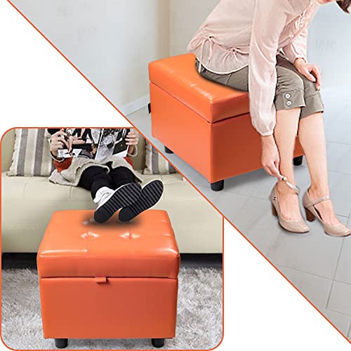 H&B Luxuries Tufted Leather Square Flip Top Storage Ottoman Cube Foot Rest - color: Orange With Storage