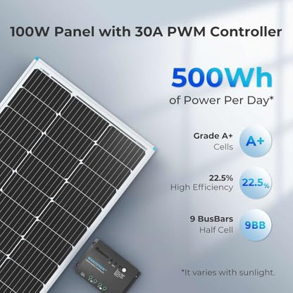 Renogy 100W 12V Solar Panel Starter Kit, 100 Watt Monocrystalline Solar Panel, 30A LCD PWM Charger Controller, Adaptor Kit, Tray Cables, Z Brackets for RV, Camper, and Other Off Grid Applications - size: 100W Panel+PWM 30A Controller