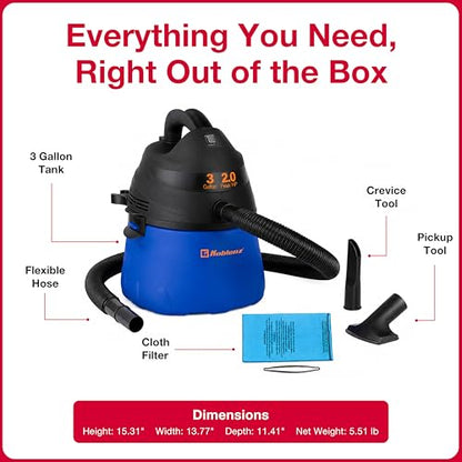 Koblenz Wet Dry Vacuum Cleaner, 3 Gallon 2.0 PHP, Twist-N-Lock Hose, Small Shop Vac, Portable Shop Vac for Home Car Garage Workshop, 10 ft Reach, Accessories Included, Blue/Black, WD-353L - size: 3 Gallon 2.0 HP