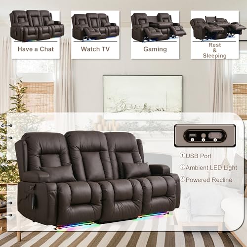 TUNYI Power Loveseat Recliner Sofa with Massage & Heat Home Theater Seating with Console RV Recliner Loveseat Sofa with USB/Storage/Side Pocket/LED Light/Speaker (Brown, 3 Seat) - color: Brown, size: 3 Seat