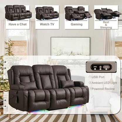 TUNYI Power Loveseat Recliner Sofa with Massage & Heat Home Theater Seating with Console RV Recliner Loveseat Sofa with USB/Storage/Side Pocket/LED Light/Speaker (Brown, 3 Seat) - color: Brown, size: 3 Seat