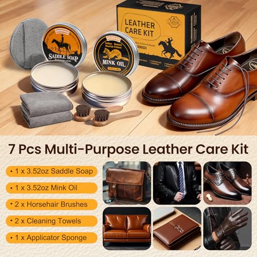 Nuroon Leather Boots Care Kit-3.52oz Saddle Soap+3.52oz Mink Oil for Leather Shoes Cleaning and Leather Purse Shoes Polishing - style: 7 Pieces