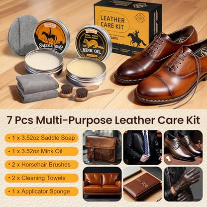 Nuroon Leather Boots Care Kit-3.52oz Saddle Soap+3.52oz Mink Oil for Leather Shoes Cleaning and Leather Purse Shoes Polishing - style: 7 Pieces