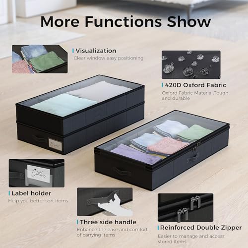 【4 compartments】2 Pack Under Bed Storage, Double Layer Extensible Underbed Storage Containers,Dust-free Clothes Storage Bins with Sturdy Sidewalls/Bottom,PVC Clear Window for Shoes Storage Organizer