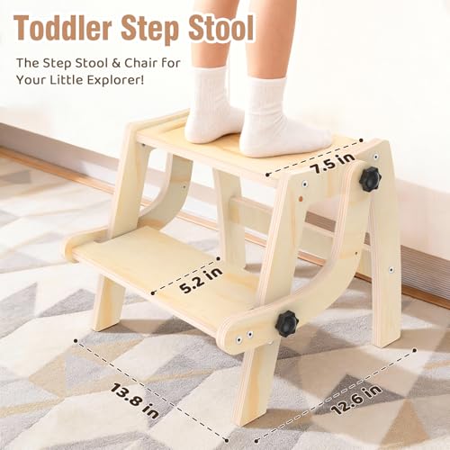 Toddler Step Stool, Foldable Step Stool for Kids, Convert to Chair, Toddler Stool for Bathroom Sink & Potty Training, Wooden Step Stools w Non Slip Base for Kitchen, Bedroom - color: Natural Wood