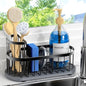 Sponge Holder for Kitchen Sink with High Brush Holder, [Stay-Dry Anywhere & No Drainage Needed] Rustproof Stainless Steel Kitchen Sink Caddy Organizer with Water Absorbing Stone Tray, Black - color: Black