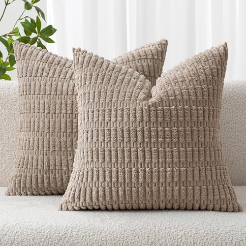 MIULEE Pack of 2 Corduroy Decorative Throw Pillow Covers 16x16 Inch Soft Boho Striped Pillow Covers Modern Farmhouse Home Decor for Sofa Living Room Couch Bed Light Brown - color: Light Brown, size: 16" x 16" (Pack of 2)