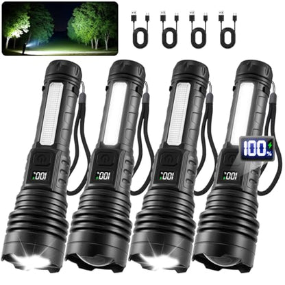 4Pack Flashlights High Lumens 9900FL, 7Mode Flashlight Rechargeable with LCD Digital Display, Rechargeable Flashlights with COB Light, Adjustable Super Bright Flashlight, Powerful Tactical Flash Light
