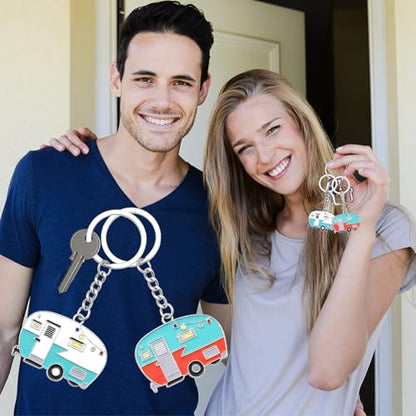 Thinp 2 Pieces Camper Keychain, RV Camper Keyring Accessories for Travel Trailers Enameled Metal Retro Camping Car Keychain - color: Green+red